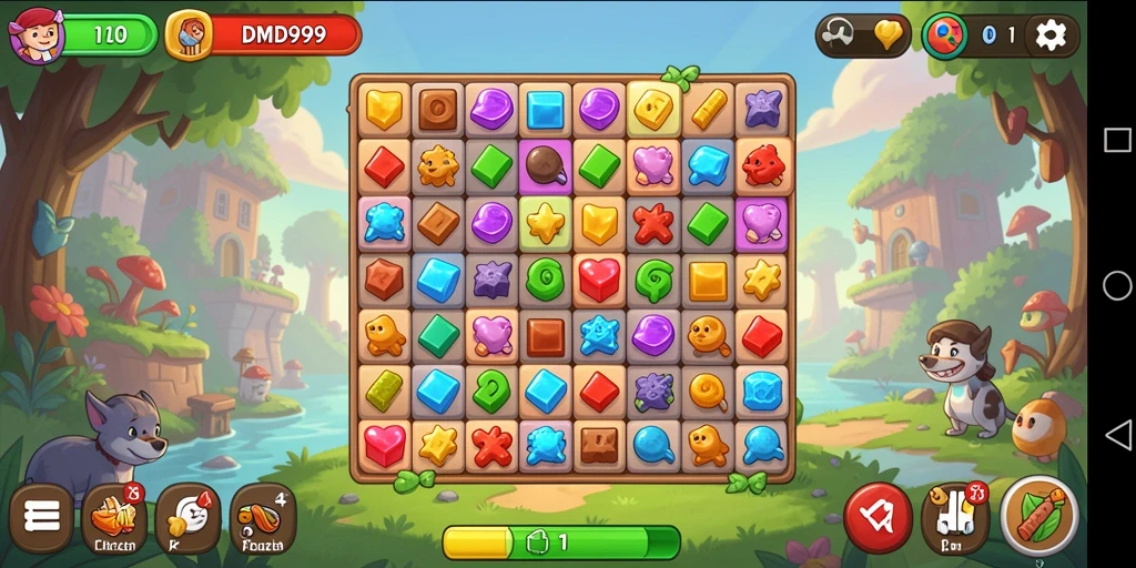Tangkapan layar gameplay DMD999 dengan aksi Match-3 yang menegangkan.