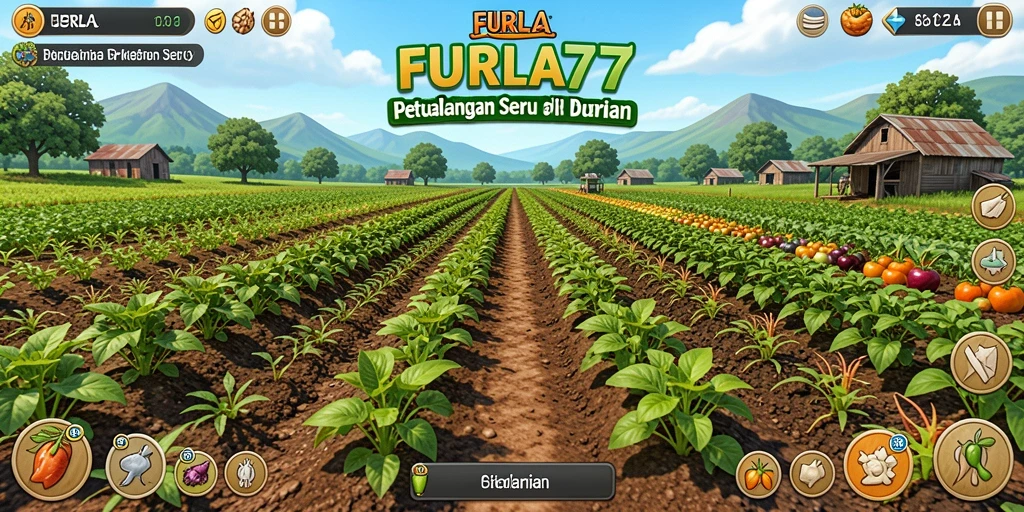 Screenshot gameplay FURLA77 menampilkan kebun yang subur dan penuh dengan tanaman.