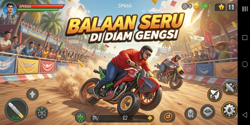 Tangkapan layar gameplay SP666 dengan aksi balapan yang mendebarkan dan kendaraan cepat.